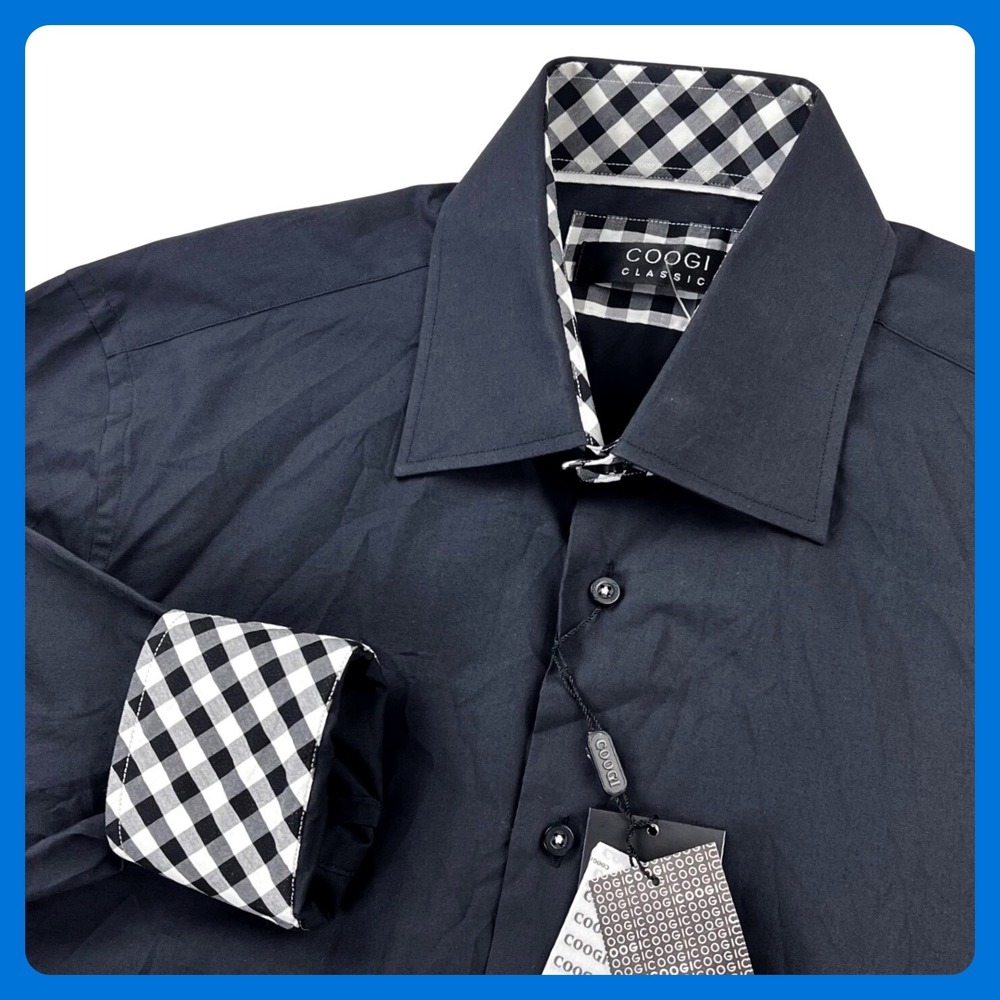COOGI CLASSIC Dress Shirt Men's XL 17 17.5 Black White Gingham Flip Cuff NWT NEW